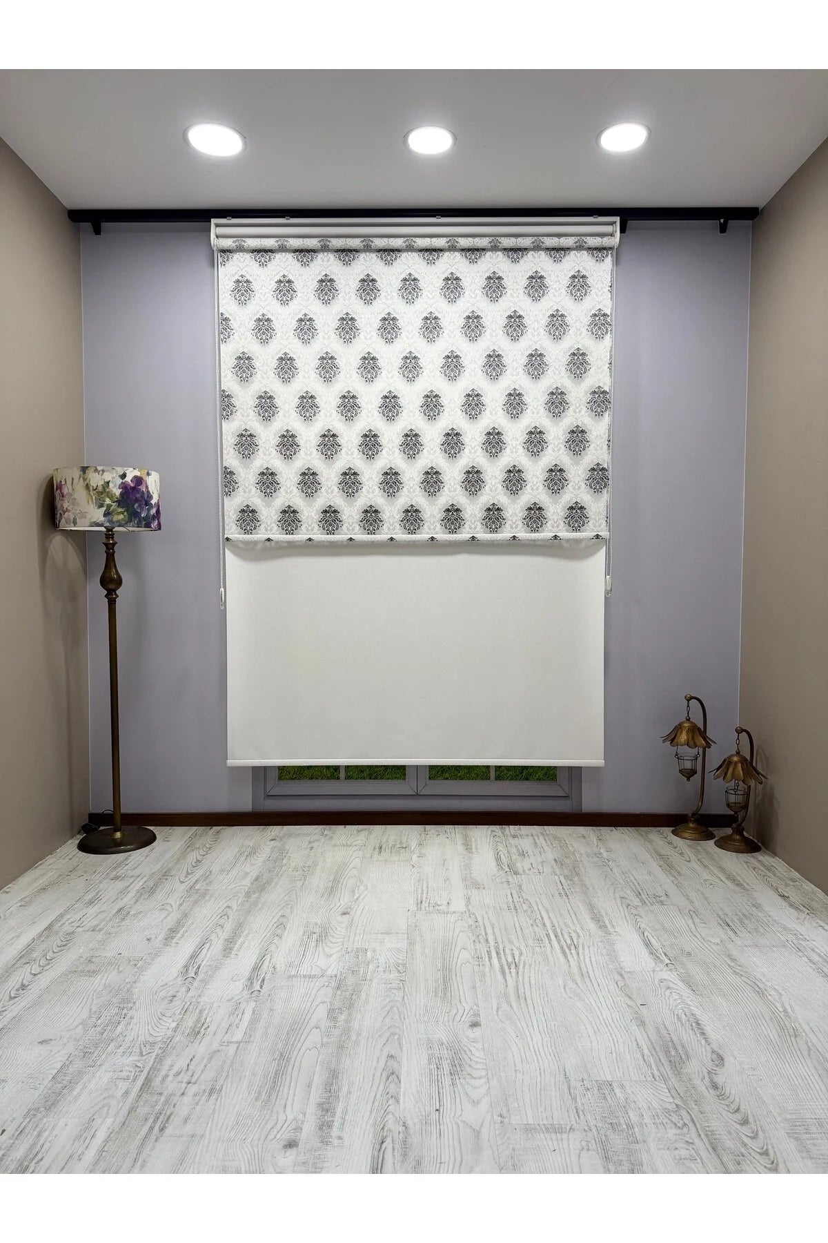 Gri Damask Desenli Çift Mekanizmalı Tül ve Stor Perde - Simli Kumaş, Simli Stor Perde