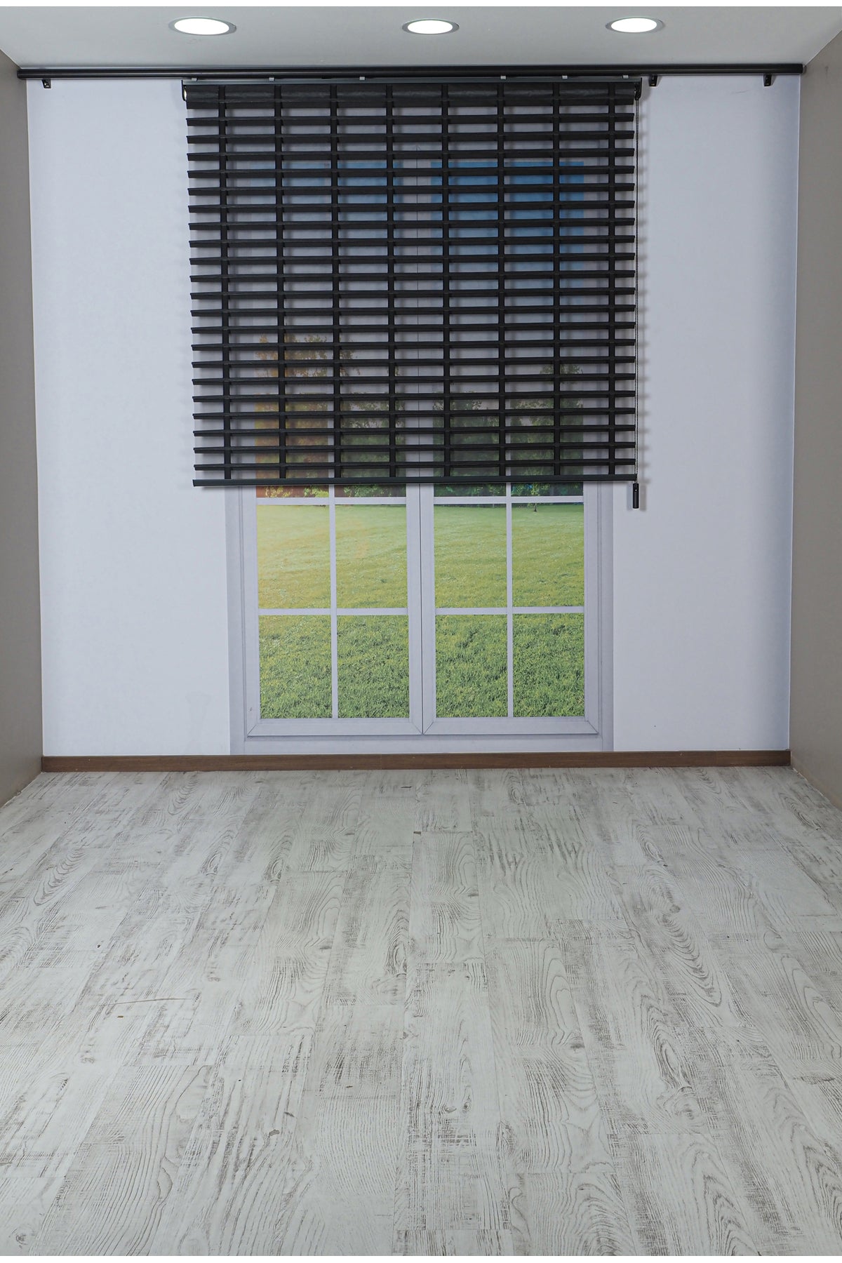 Ahşap Jaluzi Görünümlü Kumaş Silüet Siyah Perde|Dekoratif Işık Kontrollü Tasarım