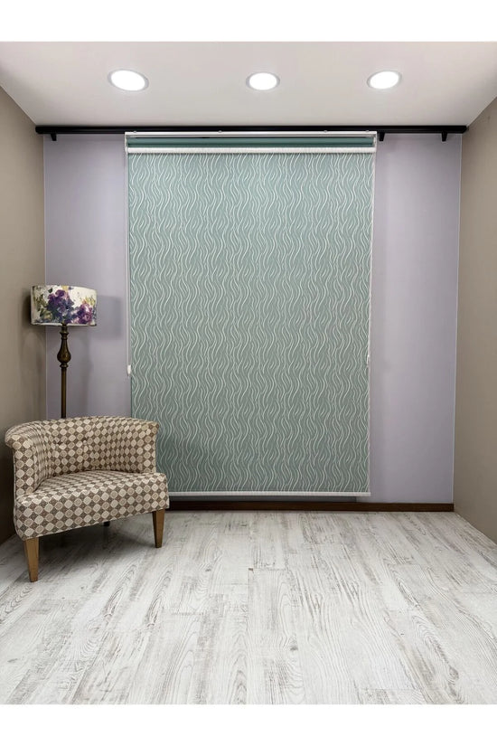 EVA Serisi – Su Yolu Desenli Çift Mekanizmalı Beyaz Tül Petrol Yeşili Stor Perde