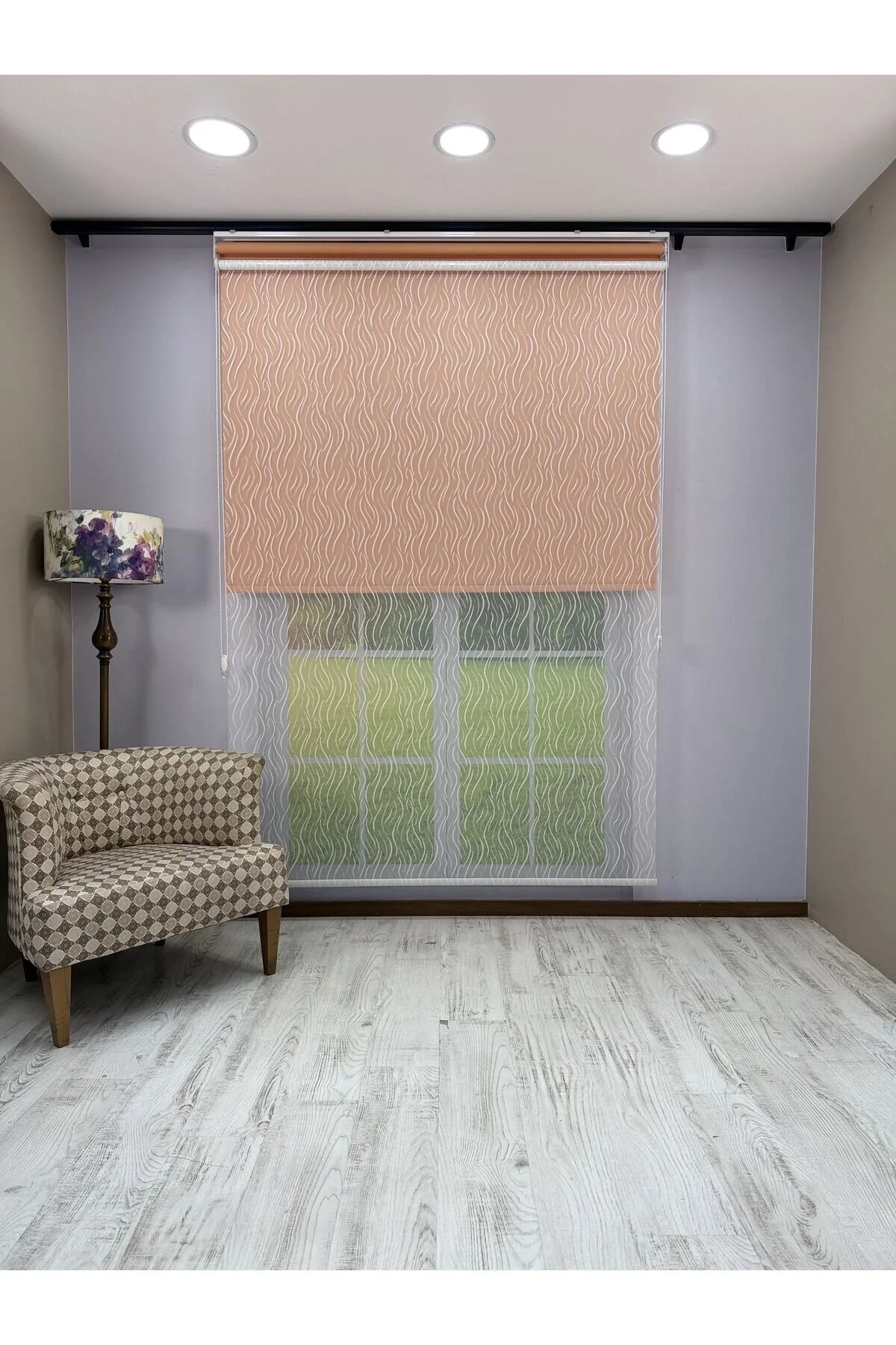 EVA Serisi – Su Yolu Desenli Çift Mekanizmalı Beyaz Tül Turuncu Stor Perde