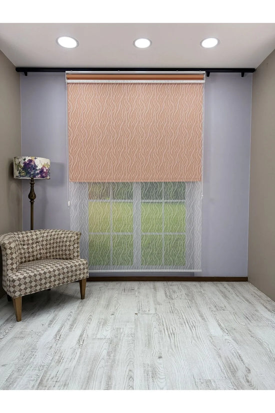 EVA Serisi – Su Yolu Desenli Çift Mekanizmalı Beyaz Tül Turuncu Stor Perde