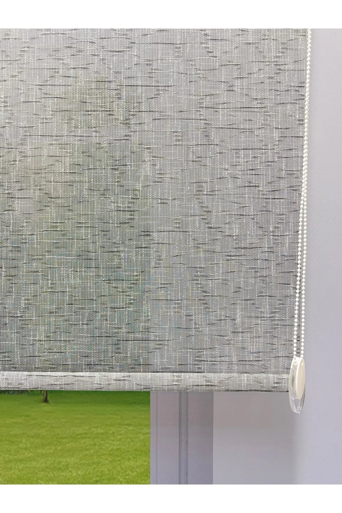 Çift Mekanizmalı Gri Çizgili Desenli Tül ve Gri Stor Perde - İthal Mat Polyester