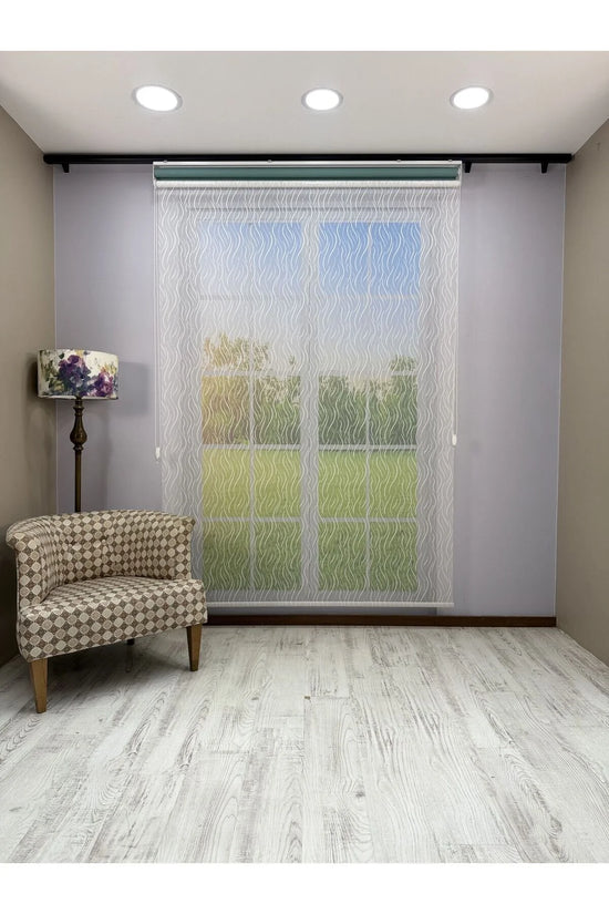 EVA Serisi – Su Yolu Desenli Çift Mekanizmalı Beyaz Tül Petrol Yeşili Stor Perde