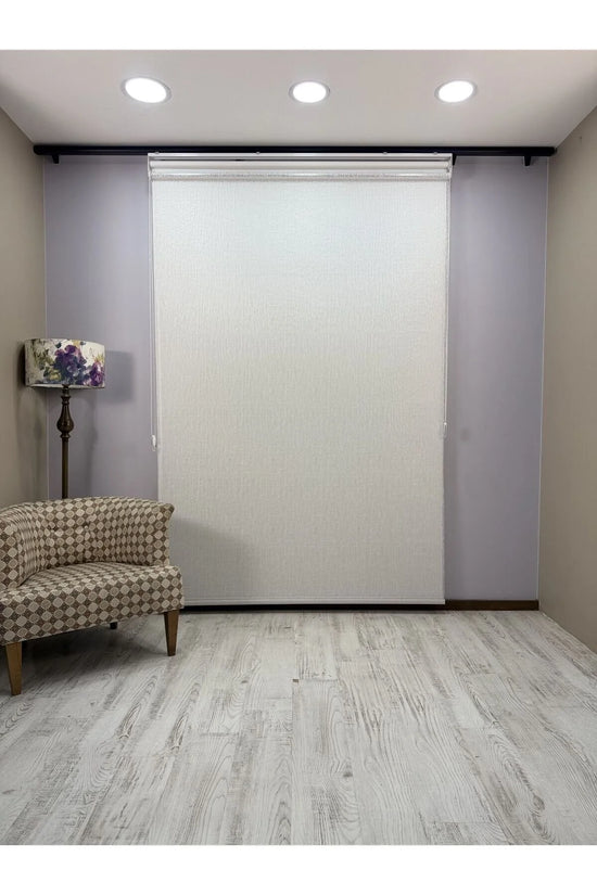 OLYMPOS Serisi – Kırçıl Desenli Çift Mekanizmalı Beyaz Tül Beyaz Stor Perde