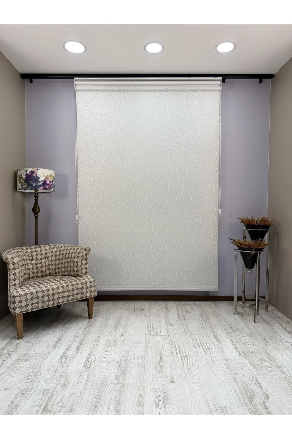 EVA Serisi – Su Yolu Desenli Çift Mekanizmalı Beyaz Tül Beyaz Stor Perde