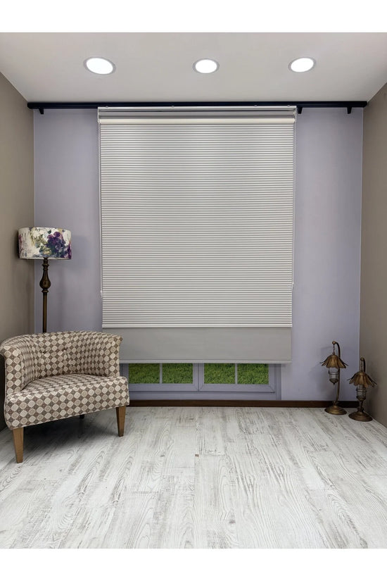 LUNA Serisi Beyaz Tül Açık Gri Stor Perde Işık Kontrollü, Çift Mekanizmalı, Kolay Montaj