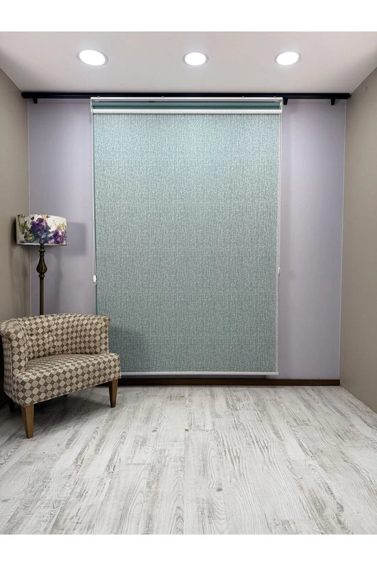 OLYMPOS Serisi – Kırçıl Desenli Çift Mekanizmalı Beyaz Tül Petrol Yeşili Stor Perde