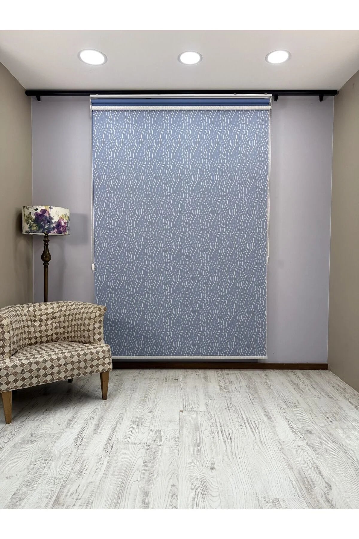 EVA Serisi – Su Yolu Desenli Çift Mekanizmalı Beyaz Tül Mavi Stor Perde