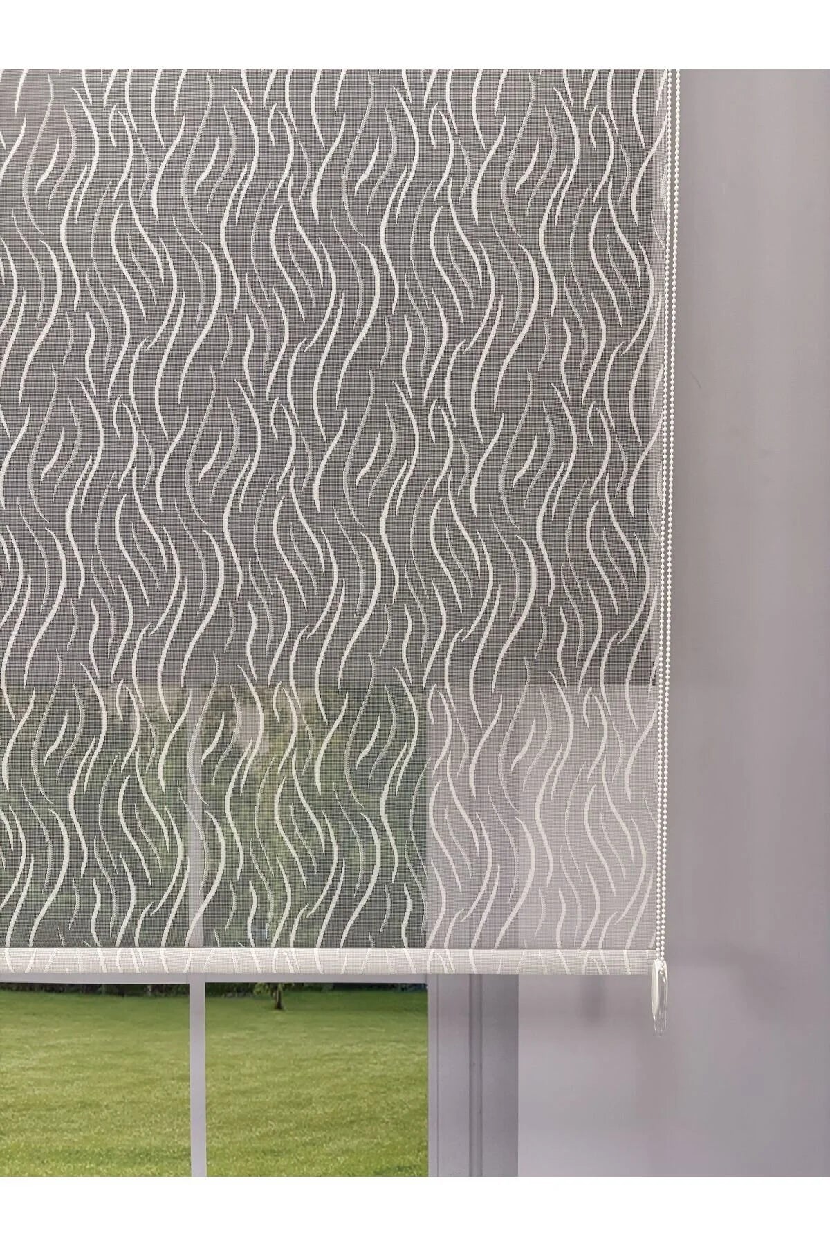 EVA Serisi – Su Yolu Desenli Çift Mekanizmalı Beyaz Tül Antrasit Gri Stor Perde