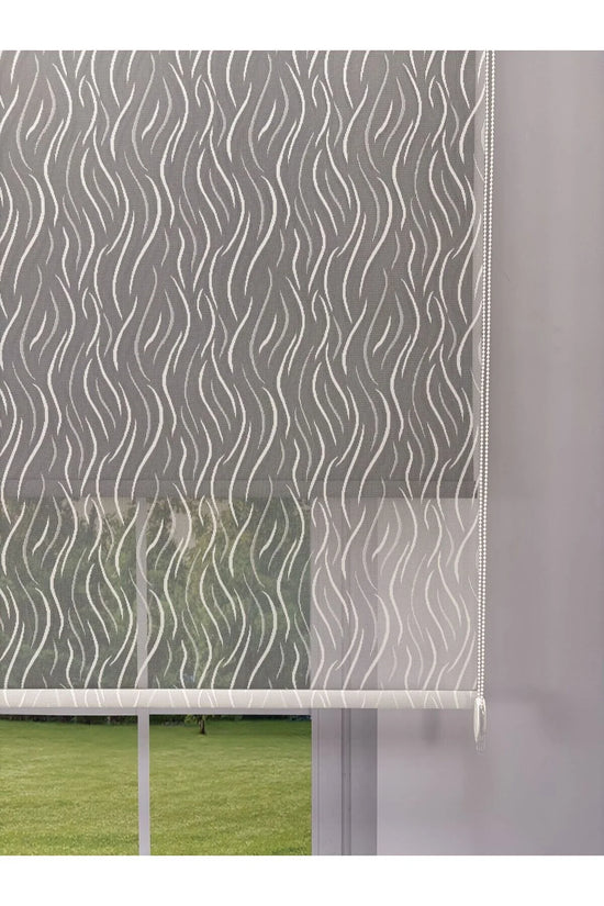 EVA Serisi – Su Yolu Desenli Çift Mekanizmalı Beyaz Tül Antrasit Gri Stor Perde