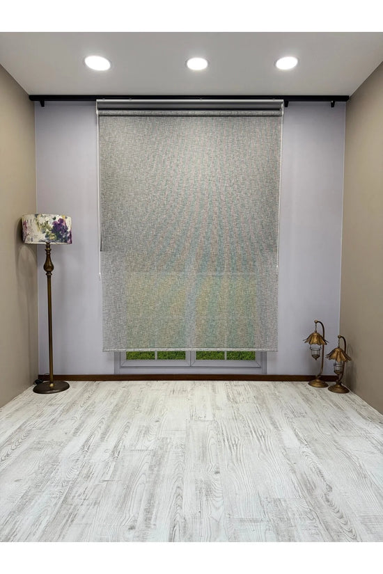 Çift Mekanizmalı Gri Çizgili Desenli Tül ve Gri Stor Perde - İthal Mat Polyester