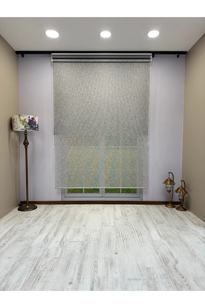 Çift Mekanizmalı Gri Çizgili Desenli Tül ve Gri Stor Perde - İthal Mat Polyester