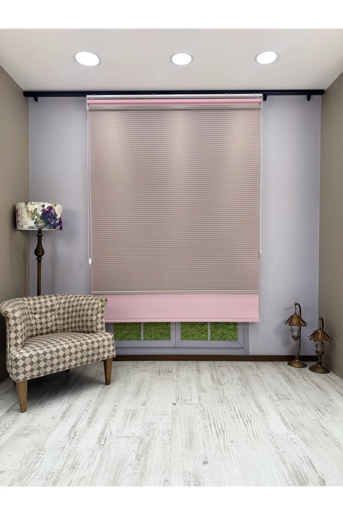 LUNA Serisi Açık Gri Tül Pembe Stor Perde Işık Kontrollü, Çift Mekanizmalı, Kolay Montaj