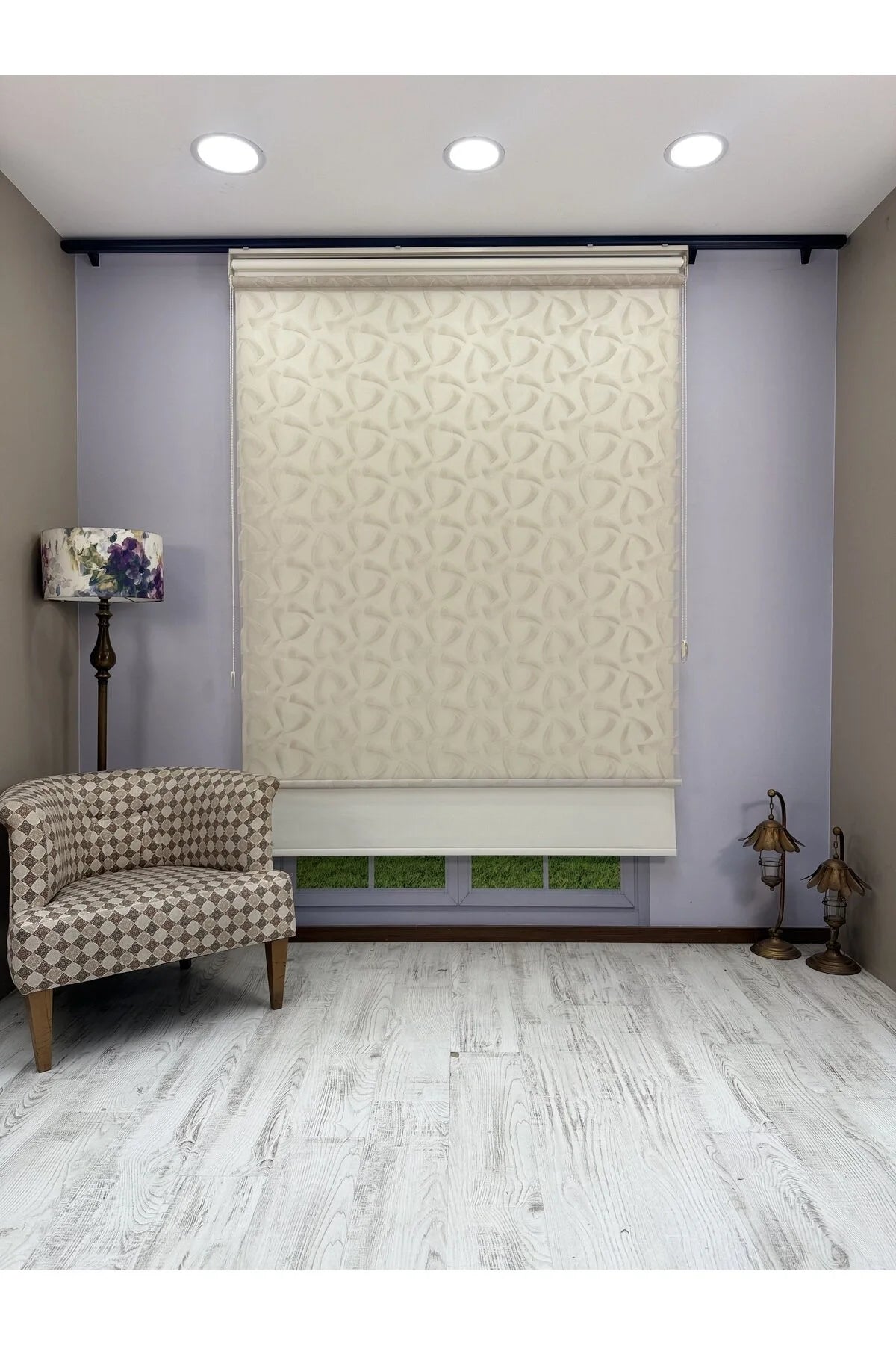 NOVA Serisi – Üç Yaprak Desenli Çift Mekanizmalı Bej Tül Stor Krem Perde