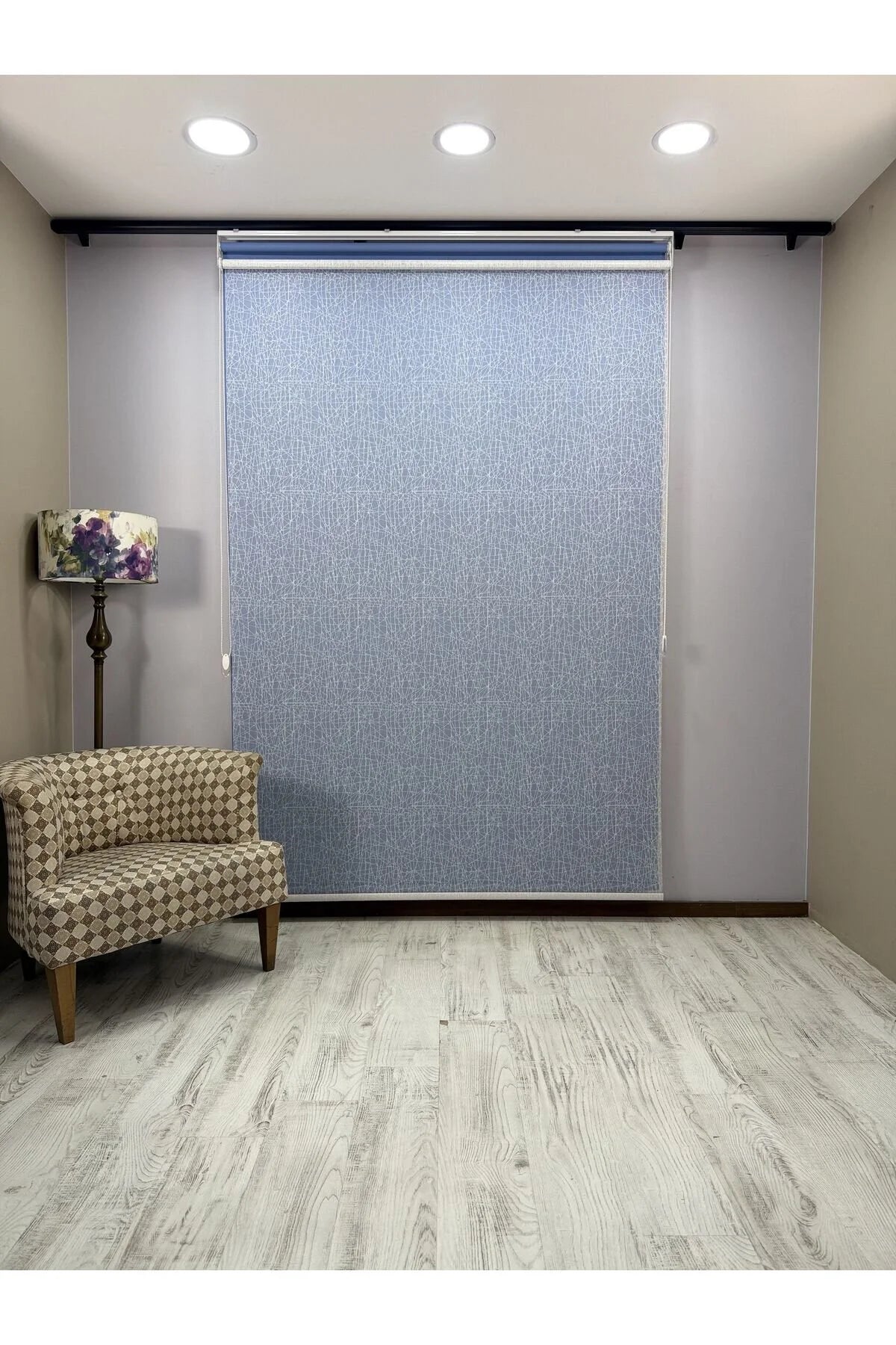 OLYMPOS Serisi – Kırçıl Desenli Çift Mekanizmalı Beyaz Tül Mavi Stor Perde