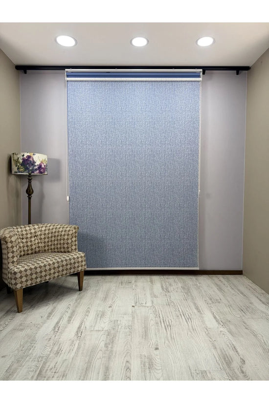 OLYMPOS Serisi – Kırçıl Desenli Çift Mekanizmalı Beyaz Tül Mavi Stor Perde