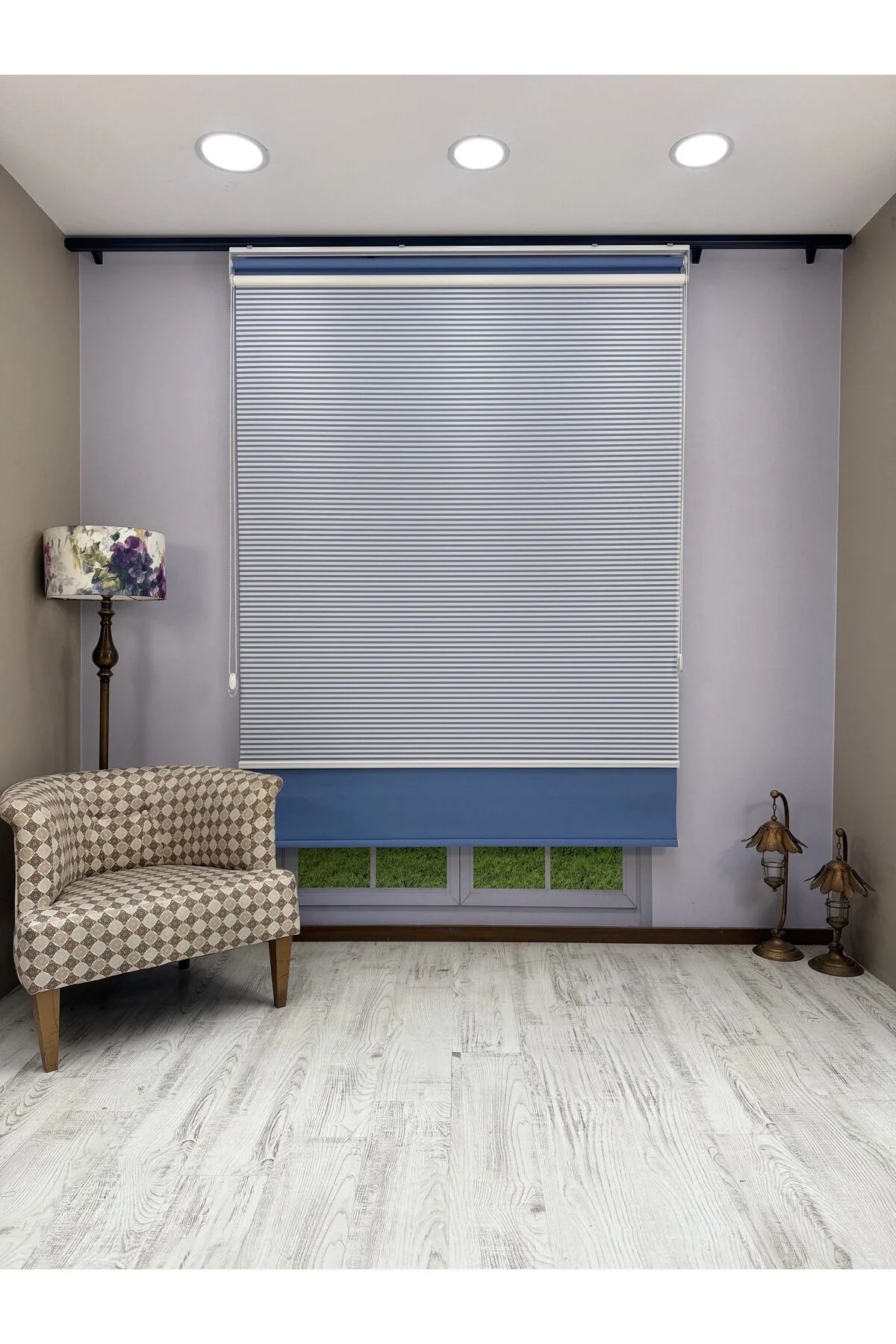 LUNA Serisi Beyaz Tül Mavi Stor Perde Işık Kontrollü, Çift Mekanizmalı, Kolay Montaj