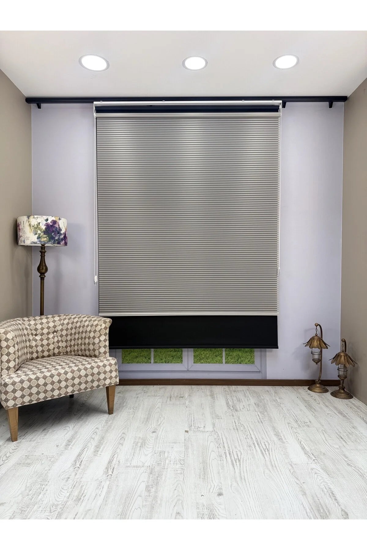 LUNA Serisi Açık Gri Tül Siyah Stor Perde Işık Kontrollü, Çift Mekanizmalı, Kolay Montaj