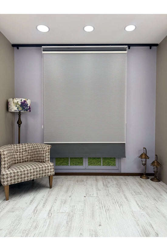 LUNA Serisi Beyaz Tül Antrasit Gri Stor Perde Işık Kontrollü, Çift Mekanizmalı, Kolay Montaj