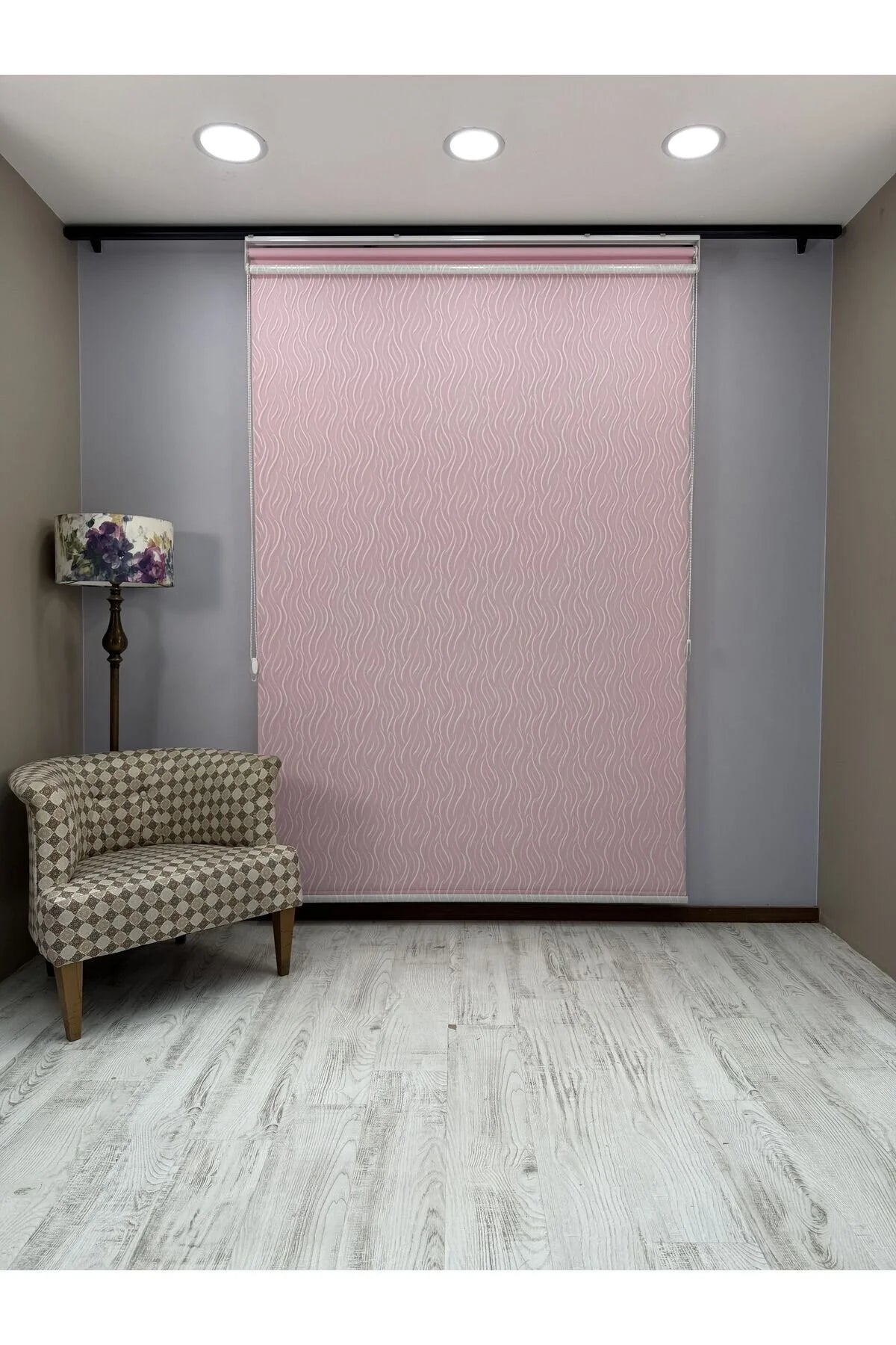 EVA Serisi – Su Yolu Desenli Çift Mekanizmalı Beyaz Tül Pembe Stor Perde