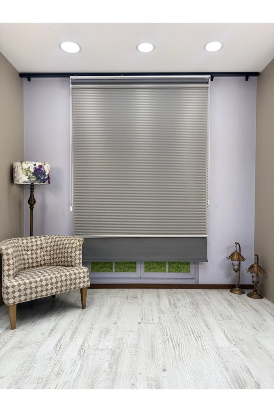 LUNA Serisi Açık Gri Tül Antrasit Gri Stor Perde Işık Kontrollü, Çift Mekanizmalı, Kolay Montaj