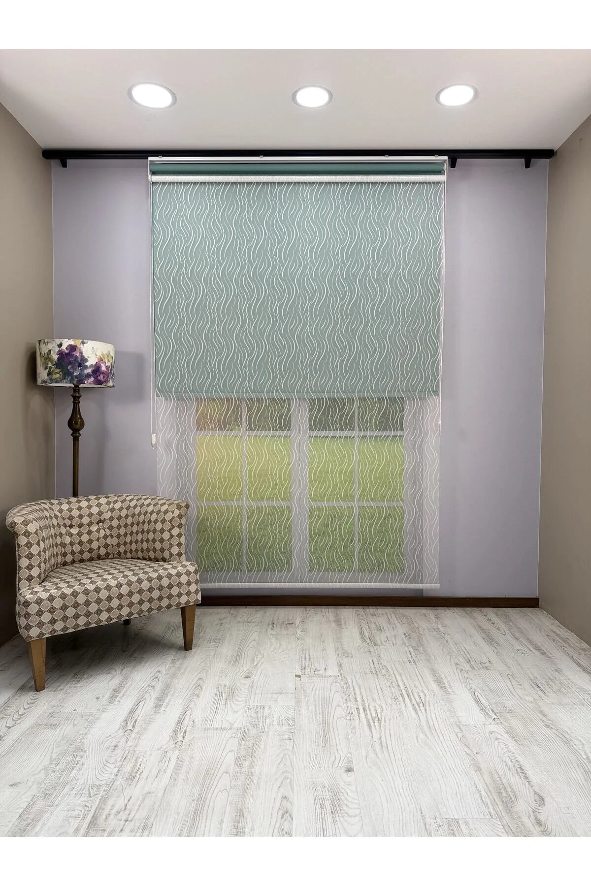 EVA Serisi – Su Yolu Desenli Çift Mekanizmalı Beyaz Tül Petrol Yeşili Stor Perde