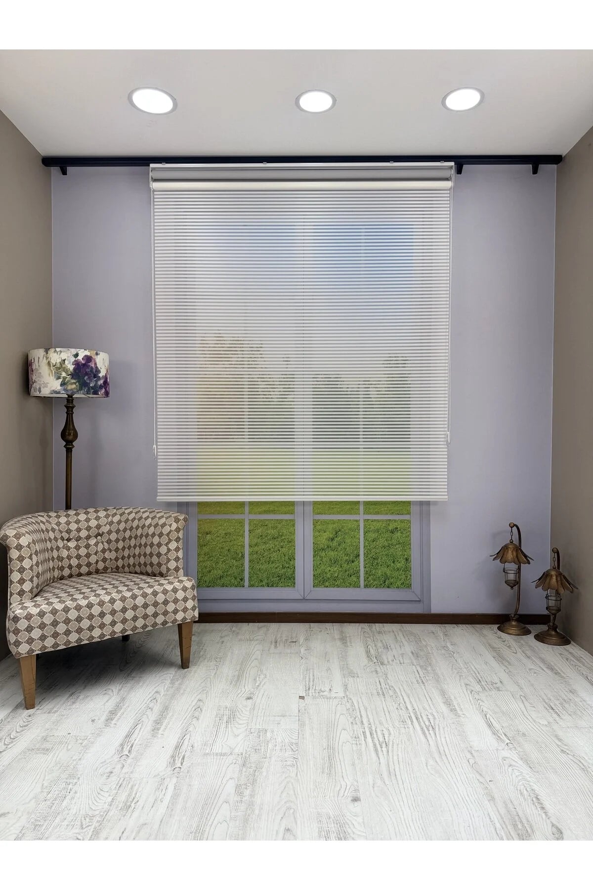 LUNA Serisi Beyaz Tül Açık Gri Stor Perde Işık Kontrollü, Çift Mekanizmalı, Kolay Montaj