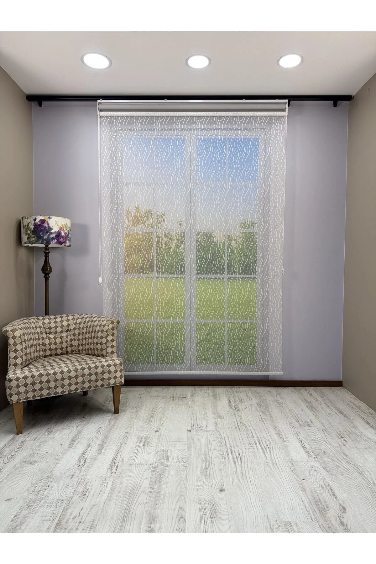 EVA Serisi – Su Yolu Desenli Çift Mekanizmalı Beyaz Tül Açık Gri Stor Perde