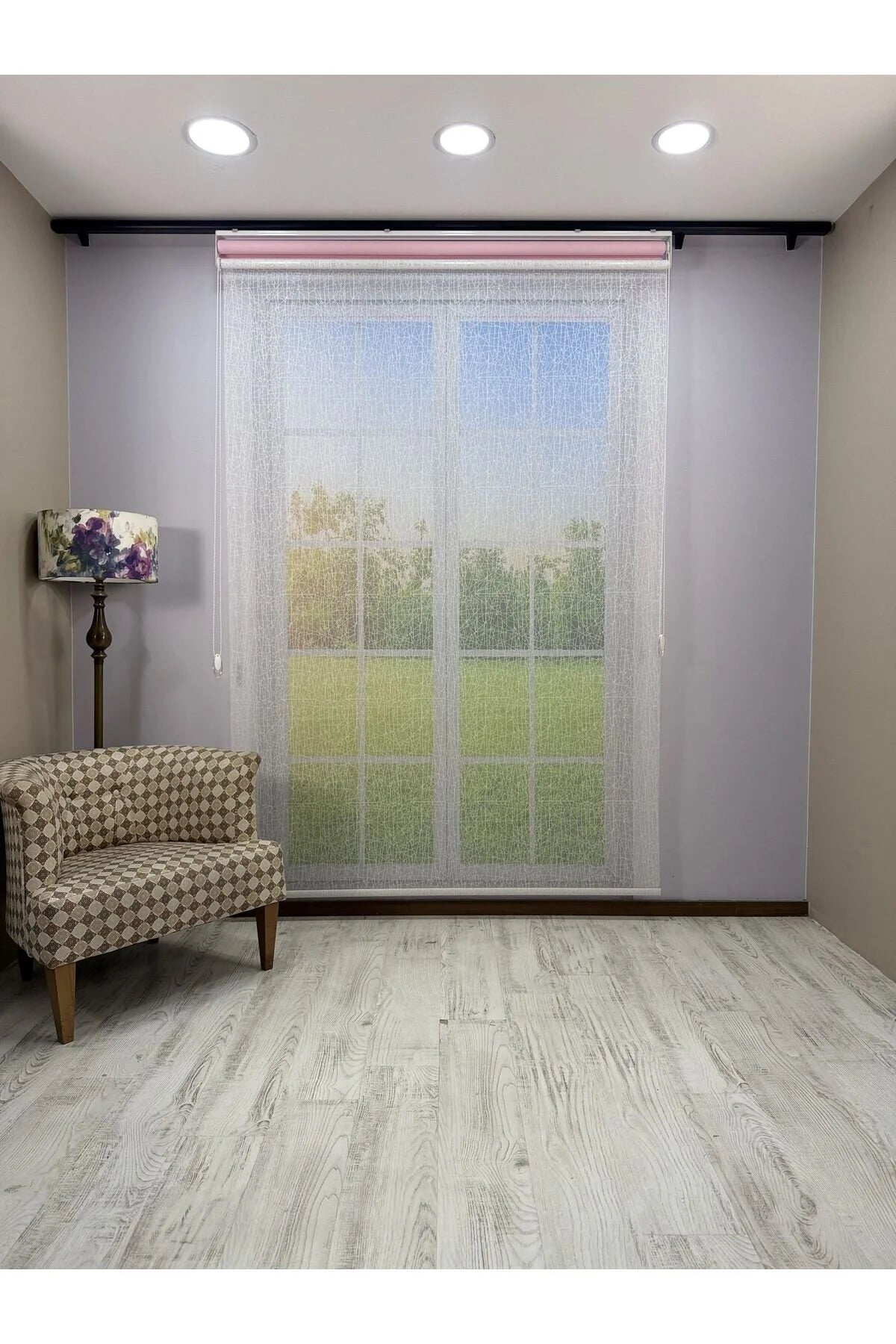 OLYMPOS Serisi – Kırçıl Desenli Çift Mekanizmalı Beyaz Tül Pembe Stor Perde