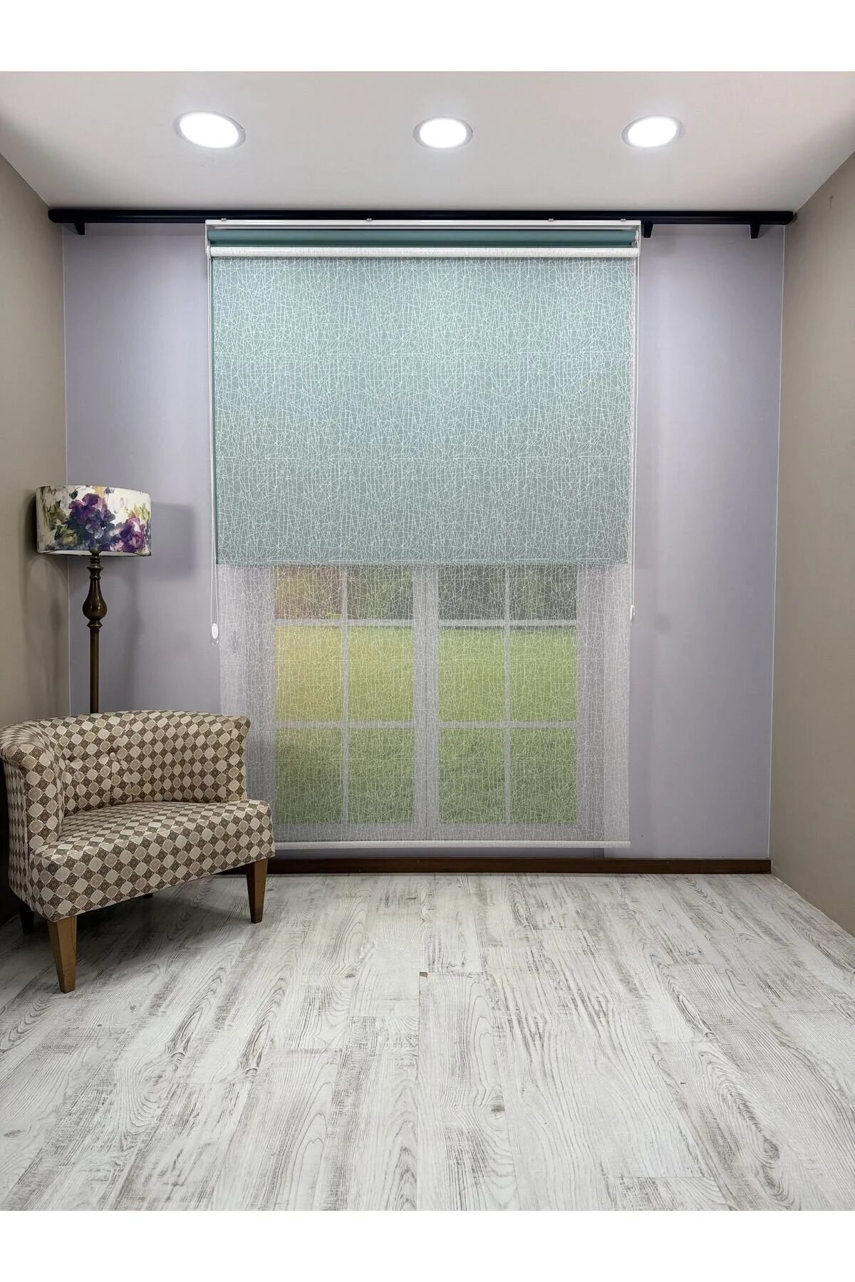 OLYMPOS Serisi – Kırçıl Desenli Çift Mekanizmalı Beyaz Tül Petrol Yeşili Stor Perde