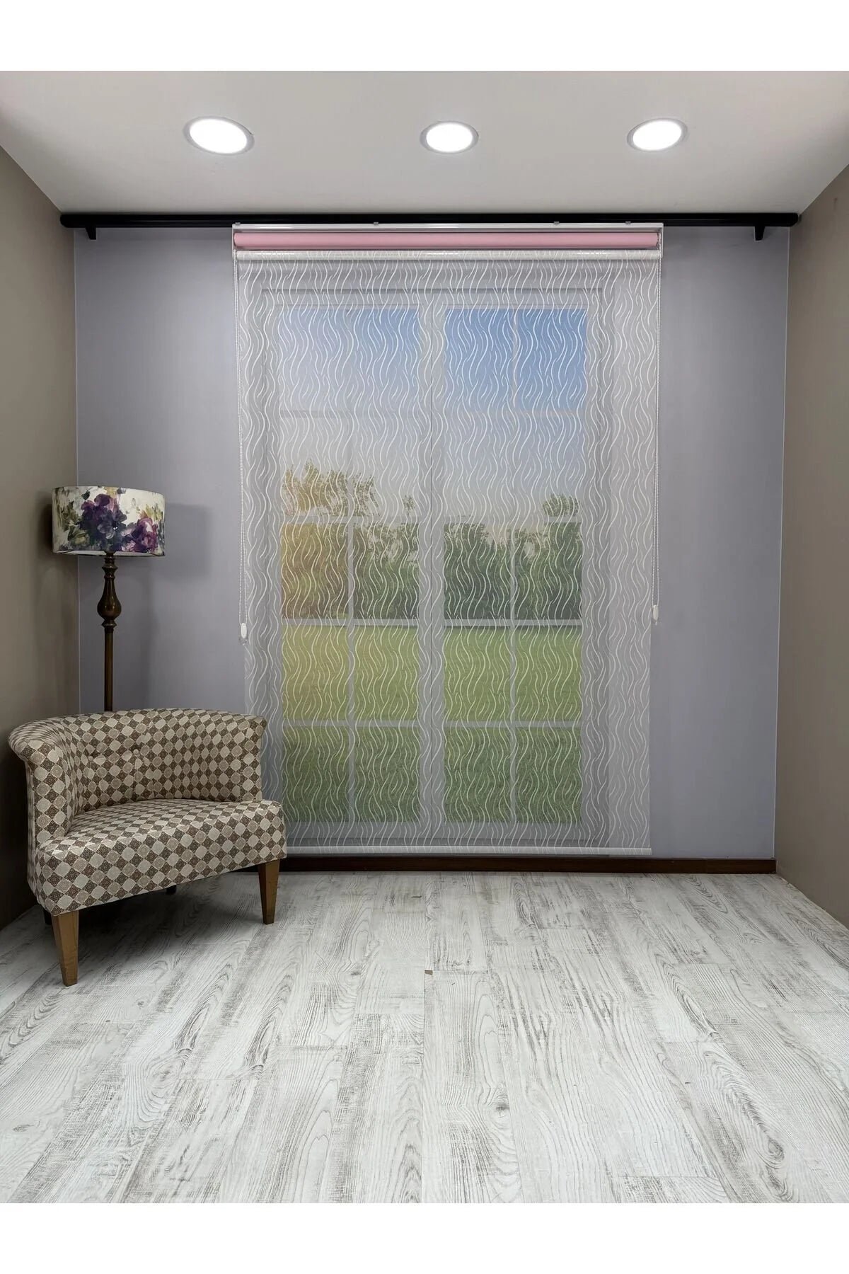 EVA Serisi – Su Yolu Desenli Çift Mekanizmalı Beyaz Tül Pembe Stor Perde