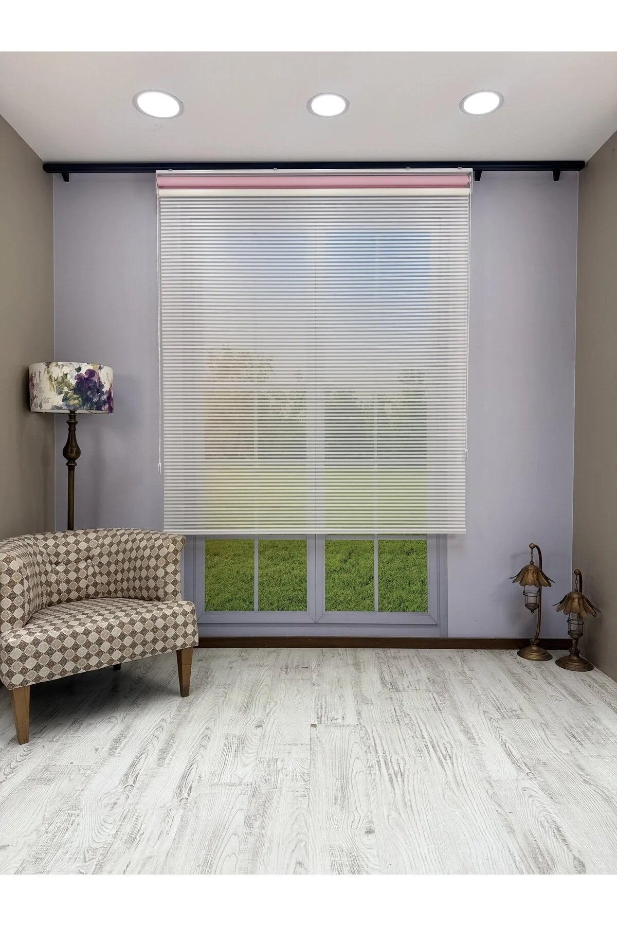 LUNA Serisi Beyaz Tül Pembe Stor Perde Işık Kontrollü, Çift Mekanizmalı, Kolay Montaj