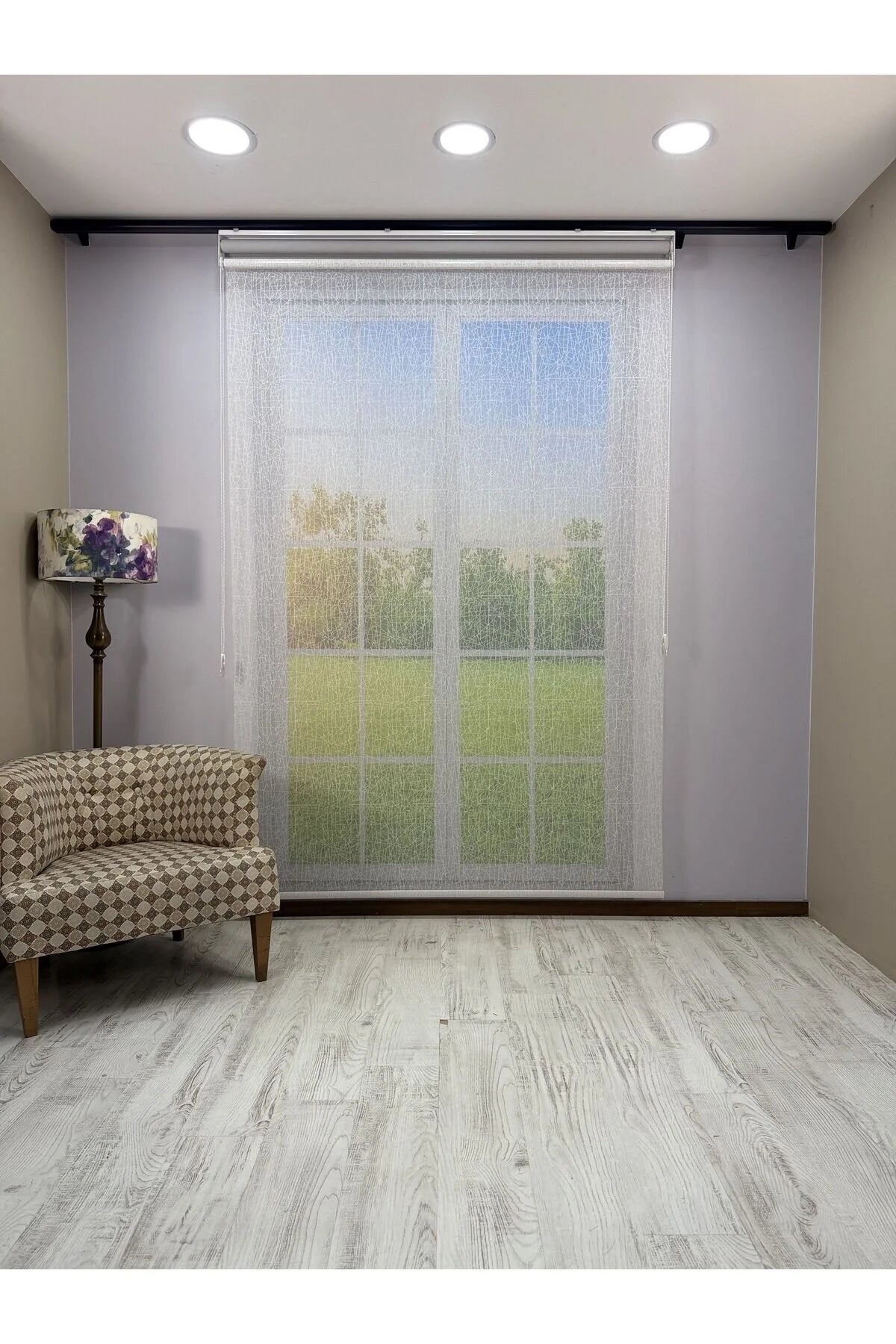 OLYMPOS Serisi – Kırçıl Desenli Çift Mekanizmalı Beyaz Tül Açık Gri Stor Perde