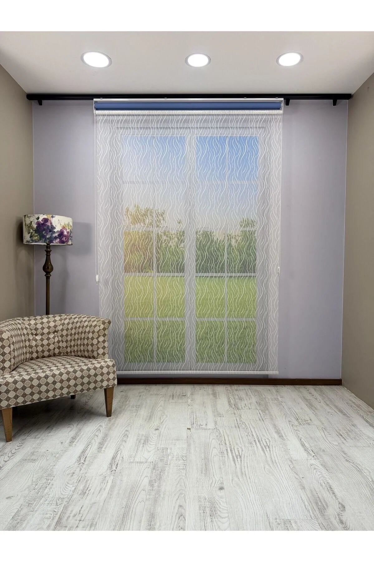 EVA Serisi – Su Yolu Desenli Çift Mekanizmalı Beyaz Tül Mavi Stor Perde