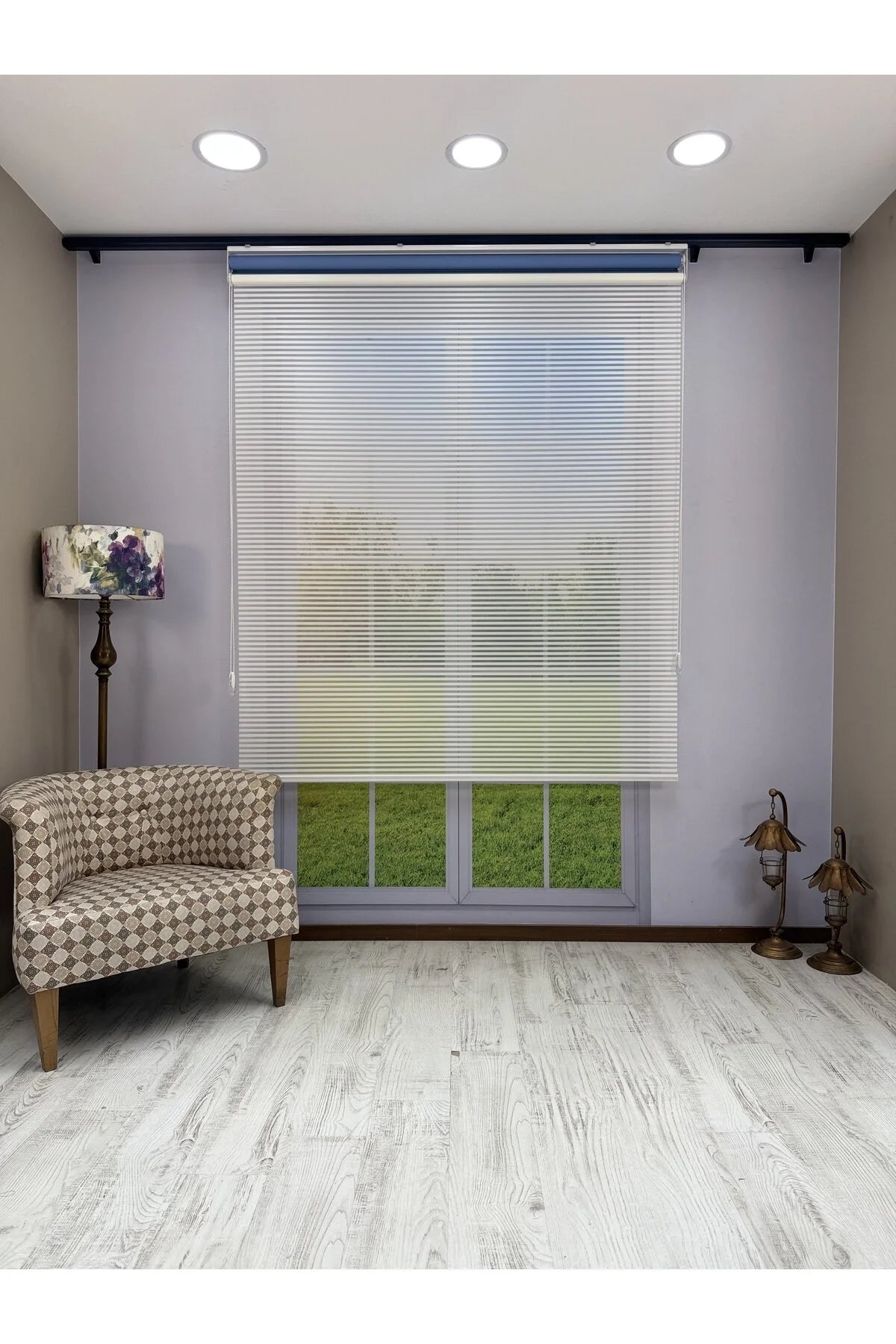 LUNA Serisi Beyaz Tül Mavi Stor Perde Işık Kontrollü, Çift Mekanizmalı, Kolay Montaj