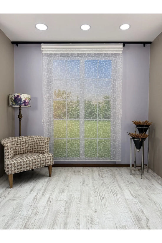 EVA Serisi – Su Yolu Desenli Çift Mekanizmalı Beyaz Tül Beyaz Stor Perde