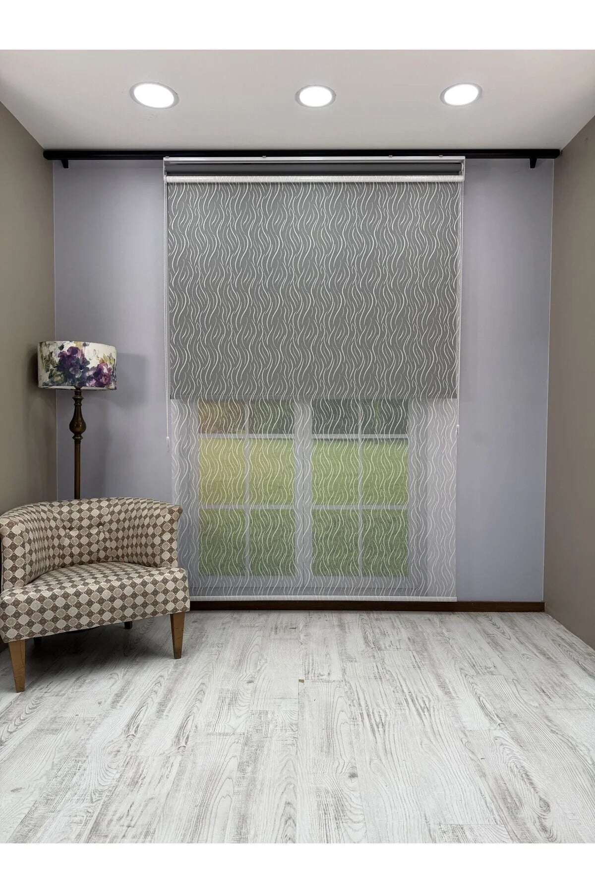 EVA Serisi – Su Yolu Desenli Çift Mekanizmalı Beyaz Tül Antrasit Gri Stor Perde