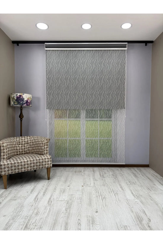 EVA Serisi – Su Yolu Desenli Çift Mekanizmalı Beyaz Tül Antrasit Gri Stor Perde