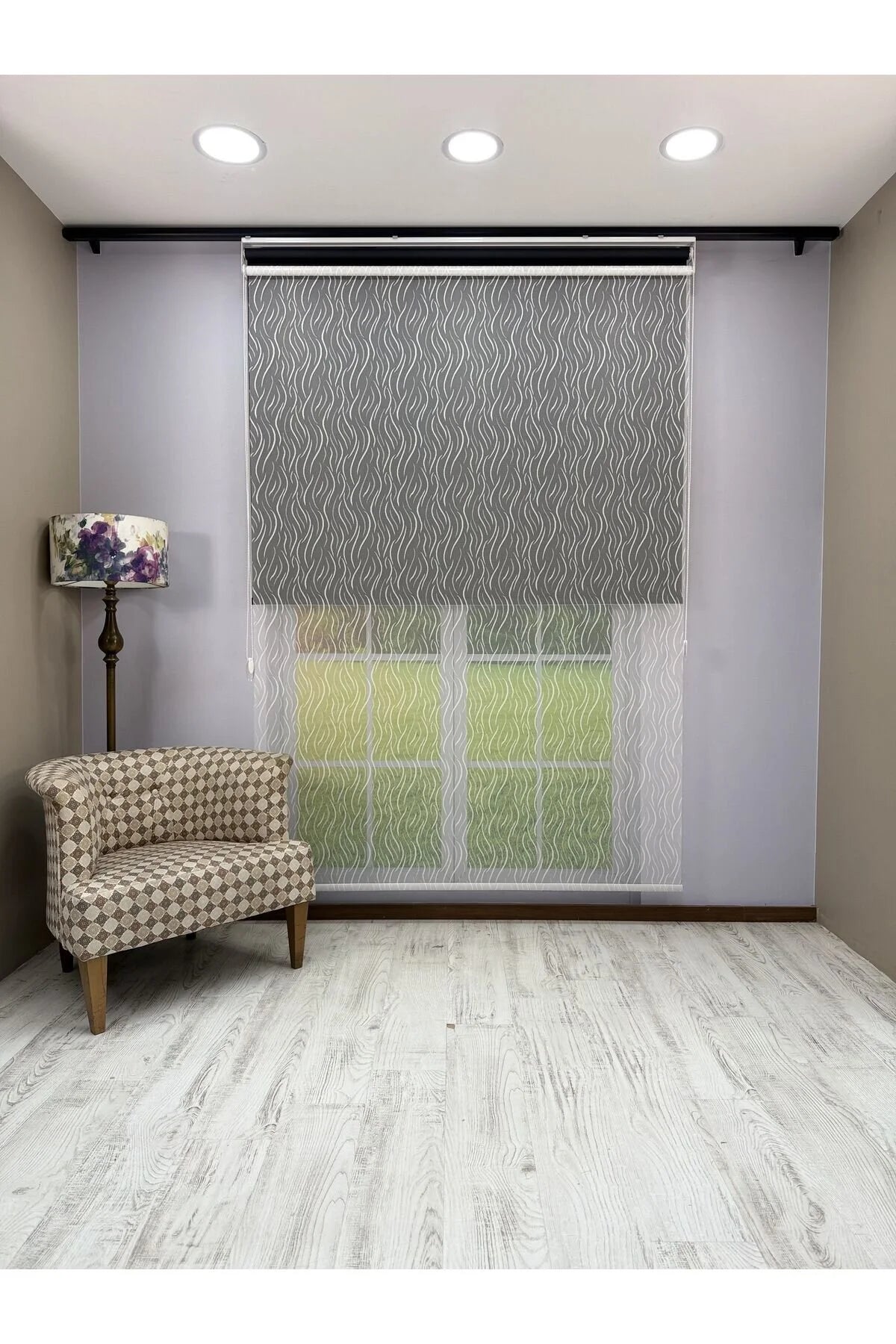 EVA Serisi – Su Yolu Desenli Çift Mekanizmalı Beyaz Tül Siyah Stor Perde