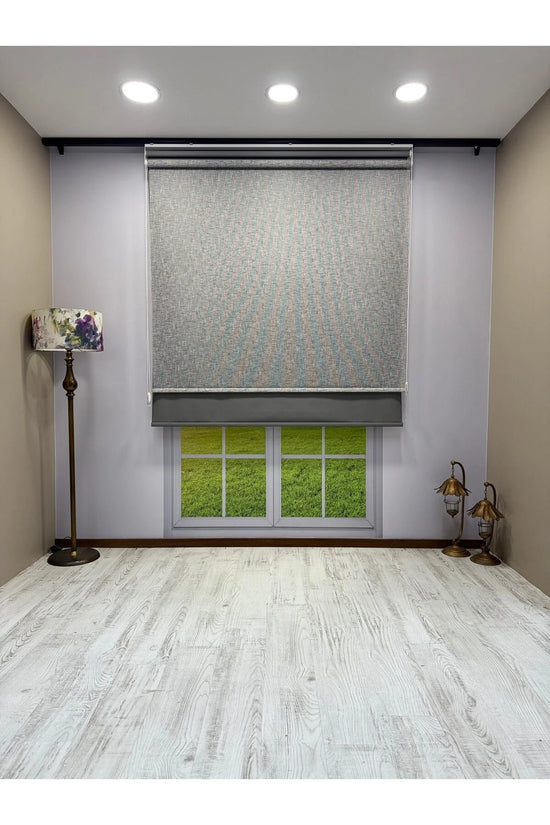 Çift Mekanizmalı Gri Çizgili Desenli Tül ve Gri Stor Perde - İthal Mat Polyester