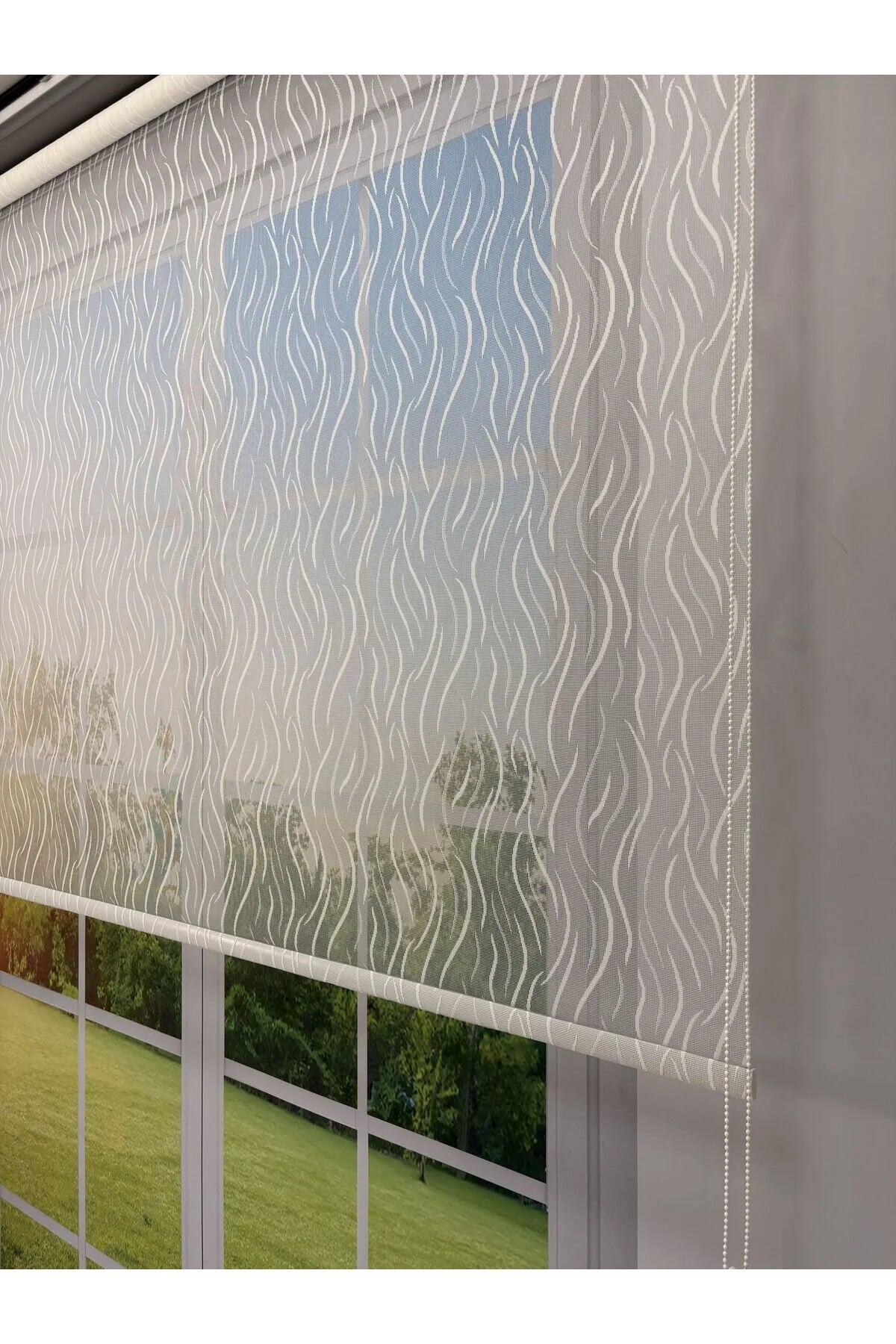 EVA Serisi – Su Yolu Desenli Çift Mekanizmalı Beyaz Tül Antrasit Gri Stor Perde