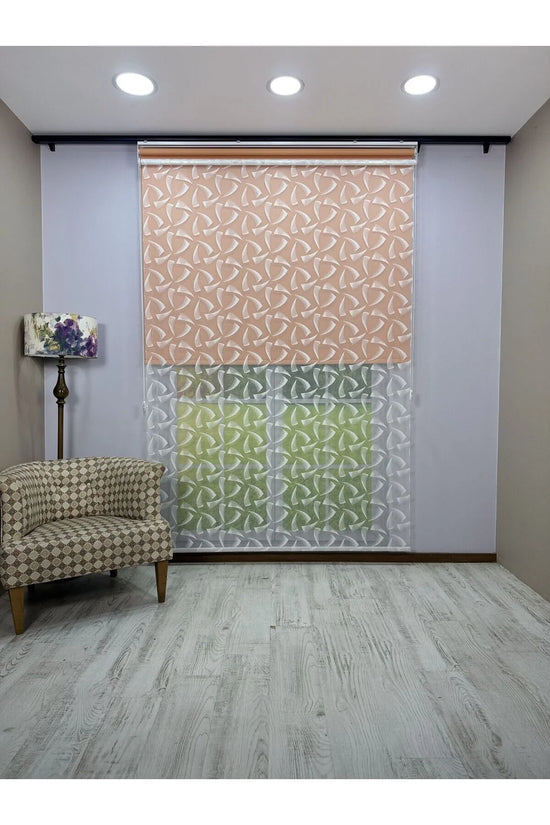 NOVA Serisi – Üç Yaprak Desenli Çift Mekanizmalı Beyaz Tül Turuncu Stor Perde