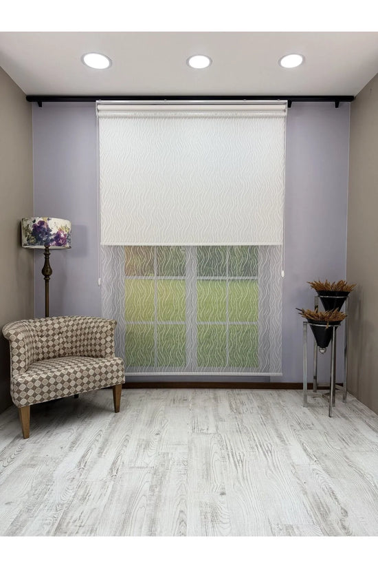 EVA Serisi – Su Yolu Desenli Çift Mekanizmalı Beyaz Tül Beyaz Stor Perde