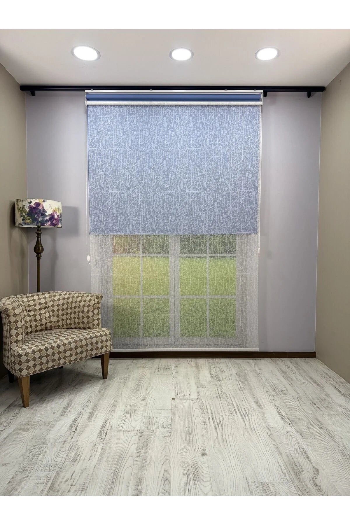 OLYMPOS Serisi – Kırçıl Desenli Çift Mekanizmalı Beyaz Tül Mavi Stor Perde