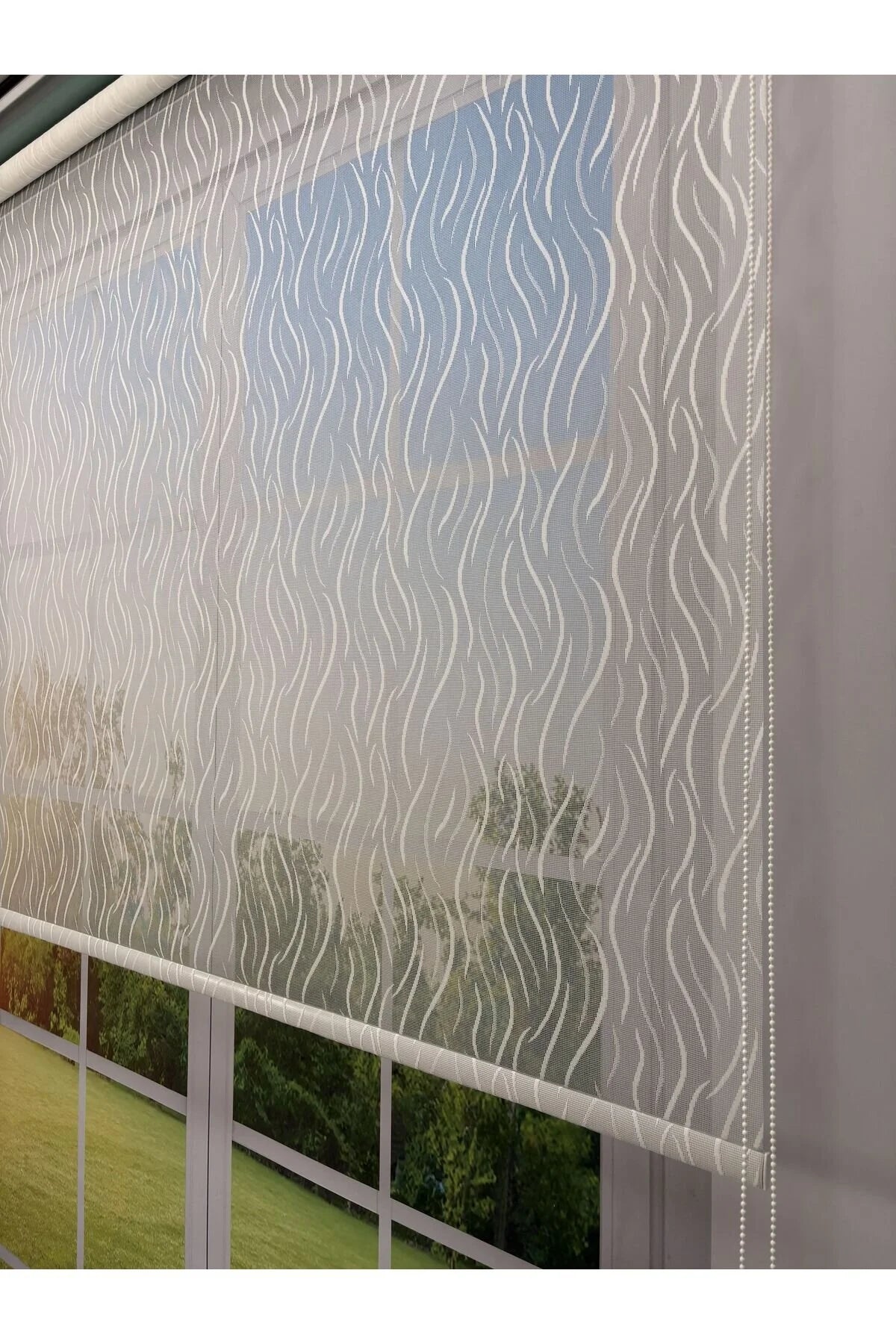 EVA Serisi – Su Yolu Desenli Çift Mekanizmalı Beyaz Tül Petrol Yeşili Stor Perde