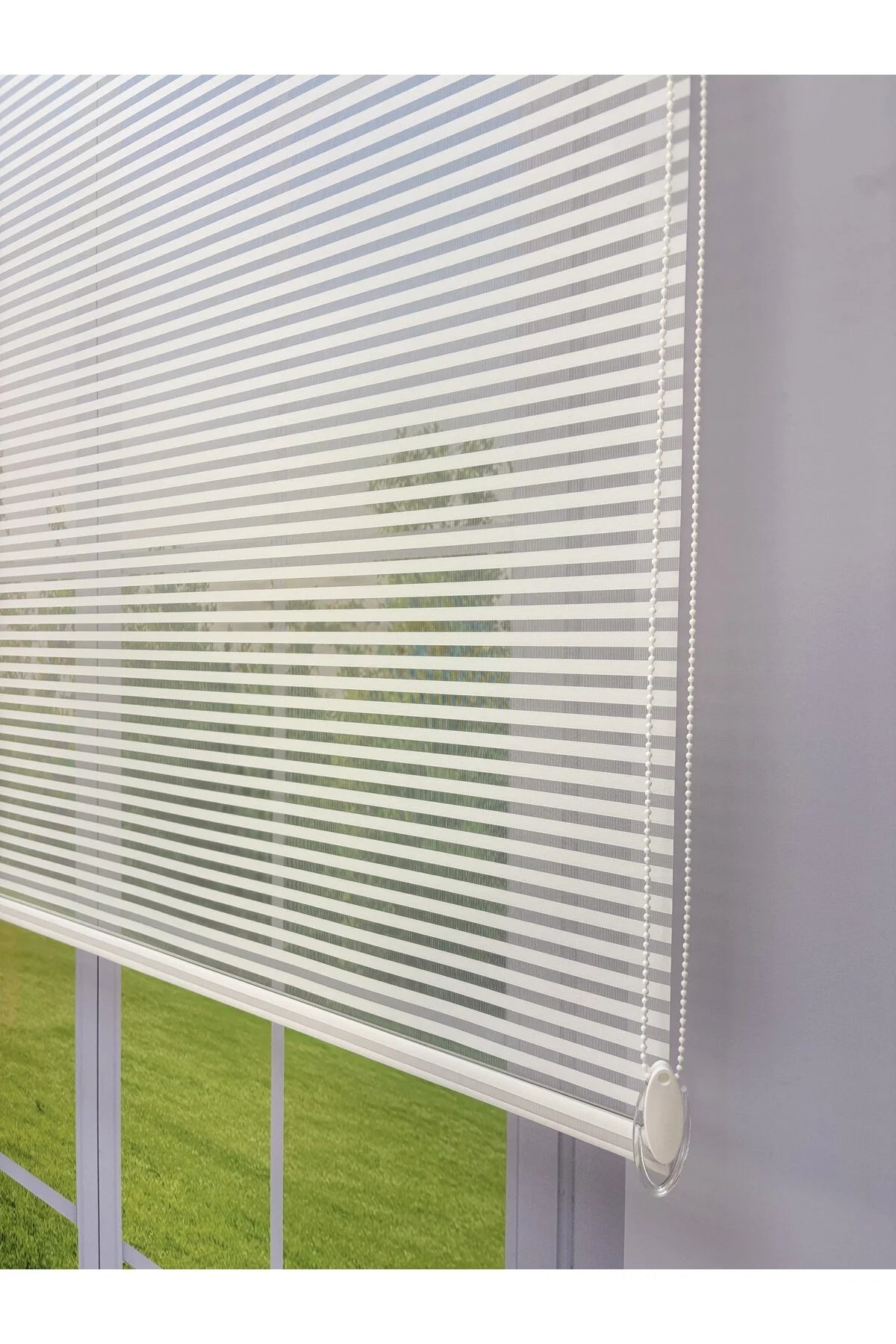 LUNA Serisi Beyaz Tül Açık Gri Stor Perde Işık Kontrollü, Çift Mekanizmalı, Kolay Montaj