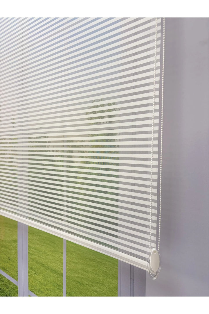 LUNA Serisi Beyaz Tül Açık Gri Stor Perde Işık Kontrollü, Çift Mekanizmalı, Kolay Montaj