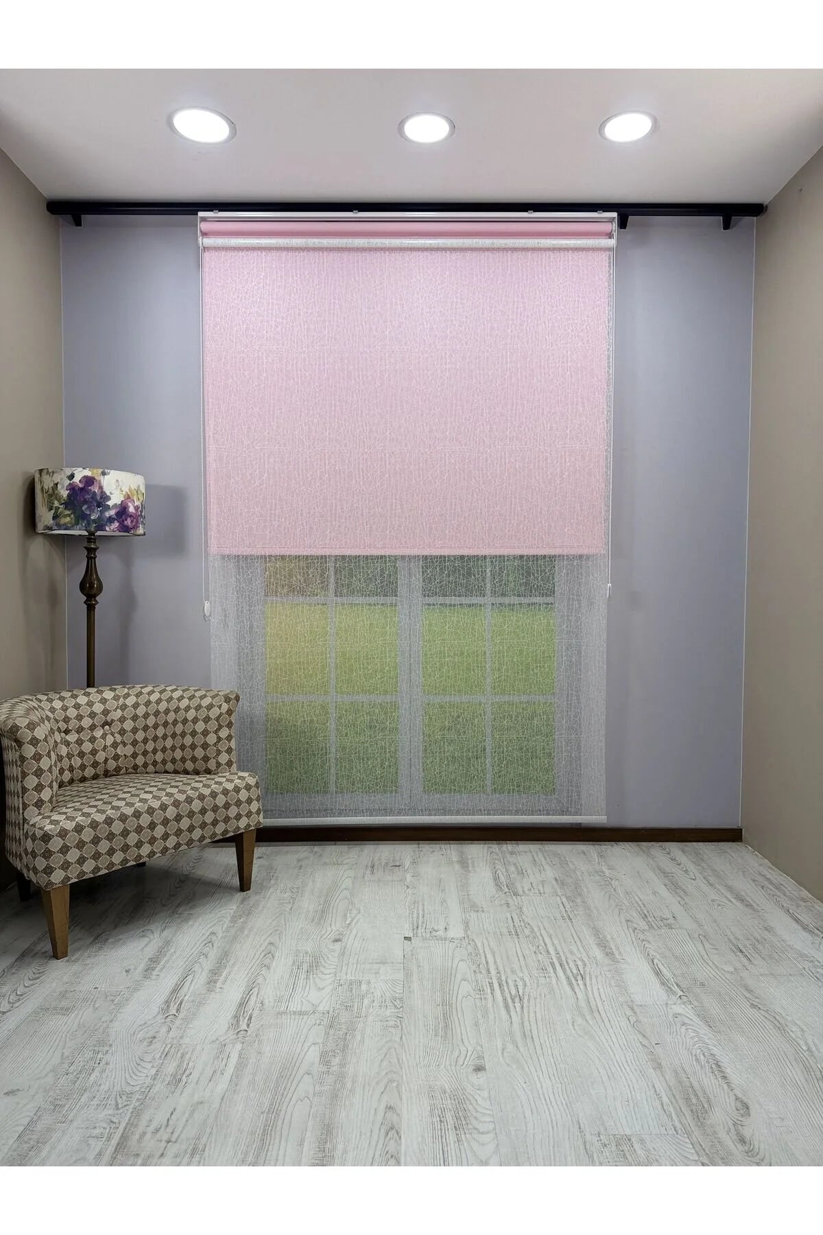 OLYMPOS Serisi – Kırçıl Desenli Çift Mekanizmalı Beyaz Tül Pembe Stor Perde