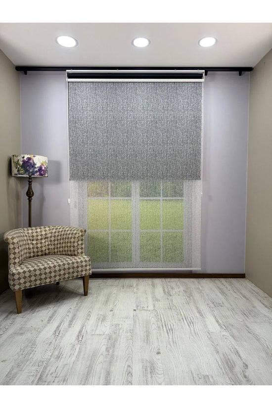 OLYMPOS Serisi – Kırçıl Desenli Çift Mekanizmalı Beyaz Tül Siyah Stor Perde