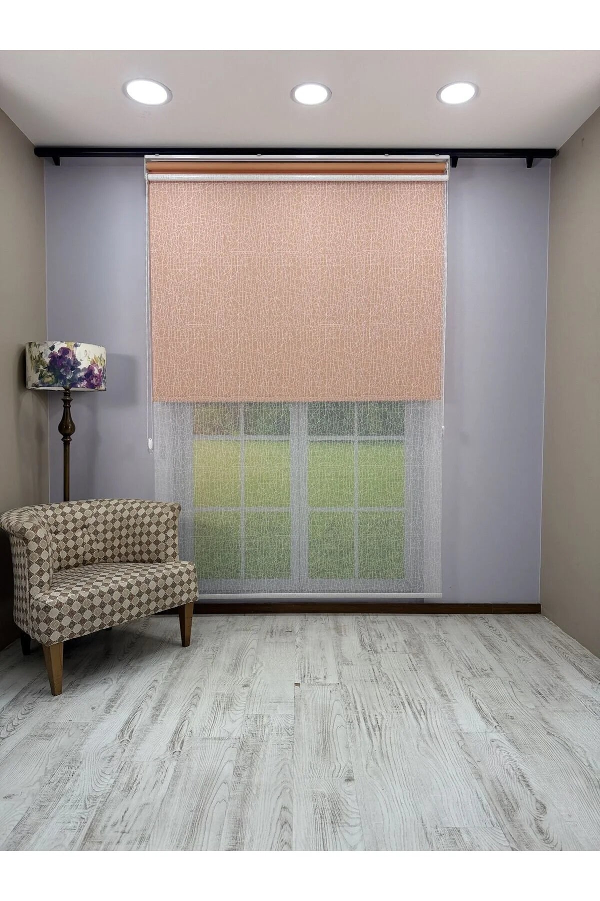 OLYMPOS Serisi – Kırçıl Desenli Çift Mekanizmalı Beyaz Tül Turuncu Stor Perde